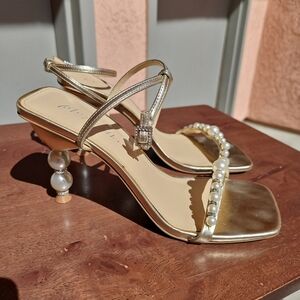 Betsey Johnson Jacy Pearl-Embellished Heeled Strappy Sandals In Gold Size 9M